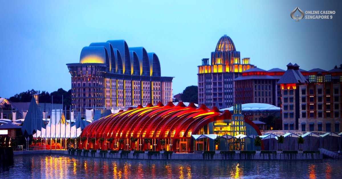 Scenic view of Resorts World Sentosa casino and hotels at dusk representing luxury gaming and entertainment in Singapore