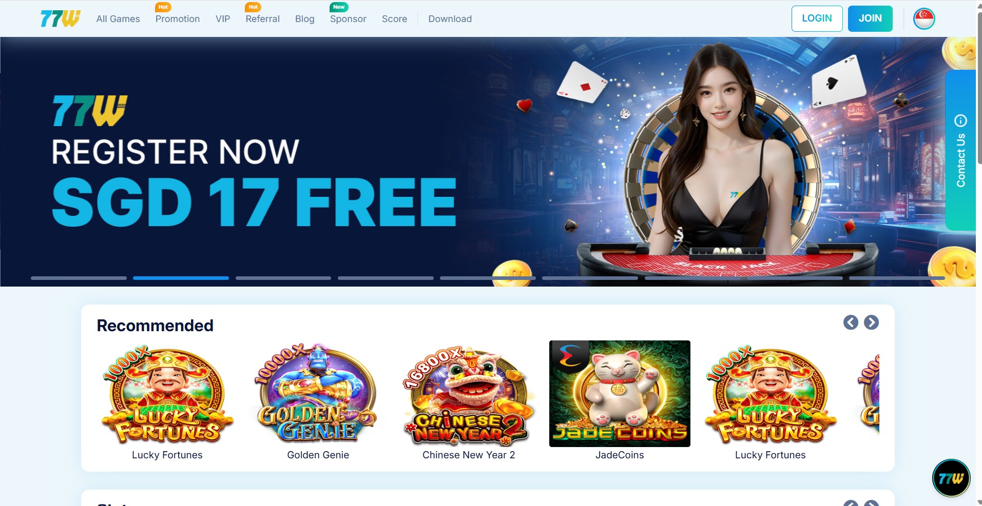 77W Casino Singapore website interface